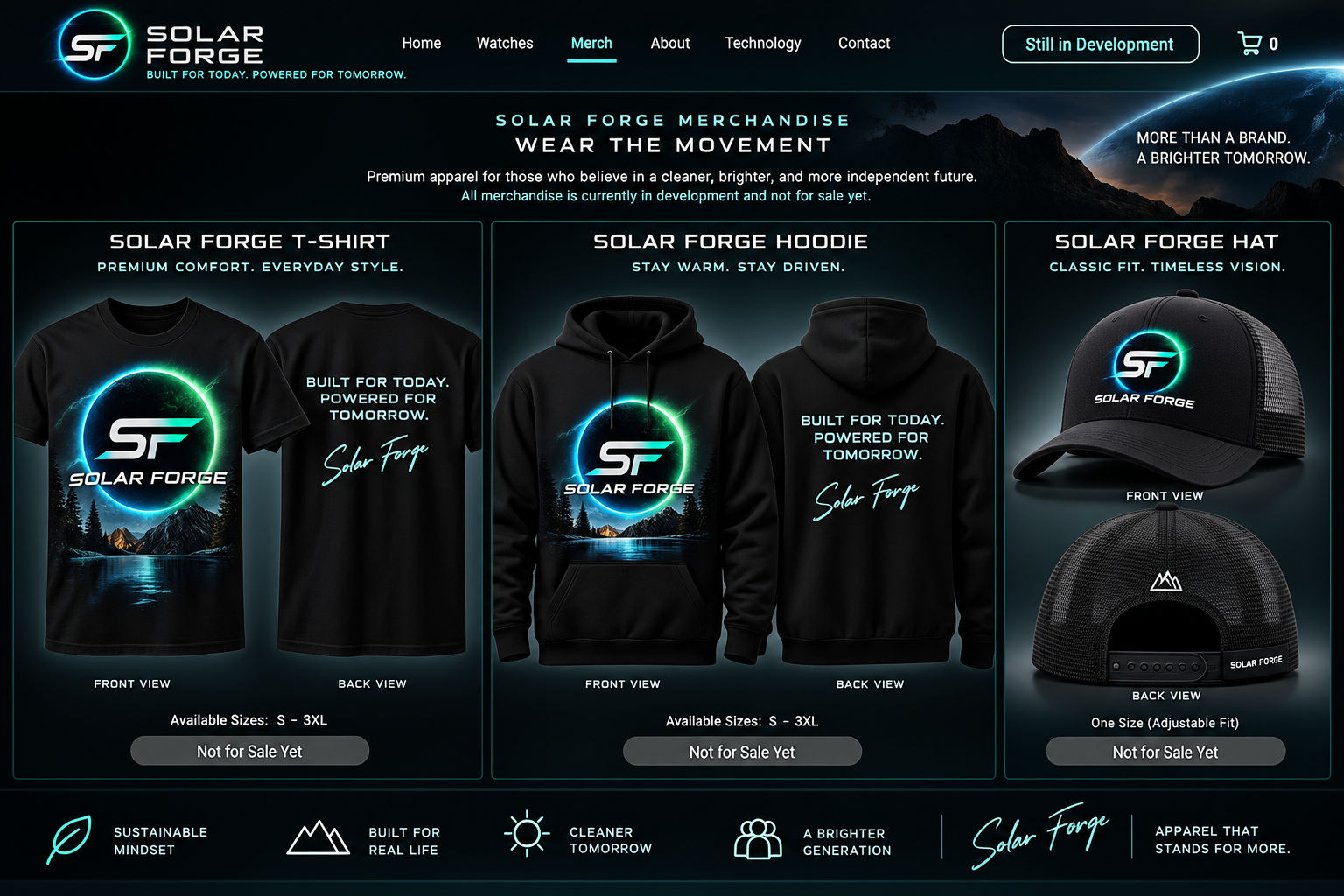 Solar Forge Electric Eclipse merchandise concept showing branded T-shirt, hoodie, and hat